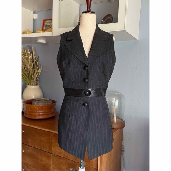 Vtg Cache 90's Wool Gray Pinstripe Suit Vest w/Leather Trim Size 8 - Picture 1 of 6